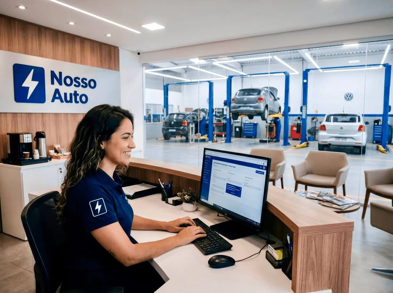 Recepcionista gerenciando atendimentos na plataforma Nosso Auto