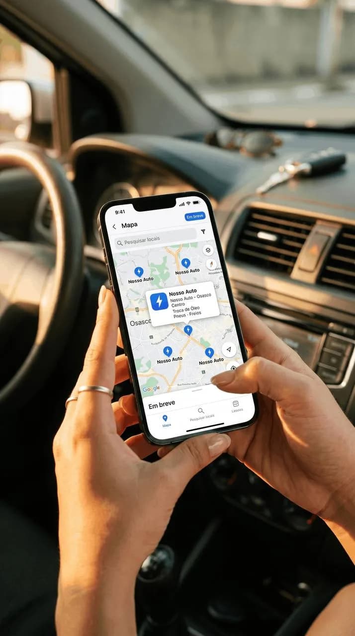 Motorista usando o app Nosso Auto para encontrar oficinas próximas