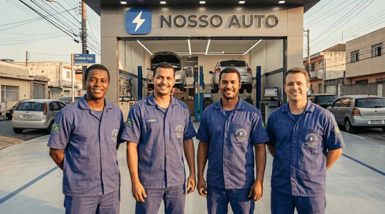 Equipe Nosso Auto em frente à oficina
